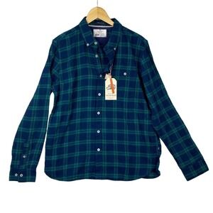 NWT On The Road Green Blue Plaid Print Long Sleeve Button Down Flannel Slim XL